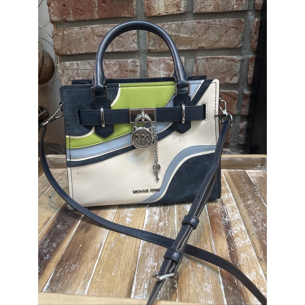 🔥$658 MICHAEL KORS Hamilton Small Patchwork Satchel Navy/Multi Bag Purse Cross